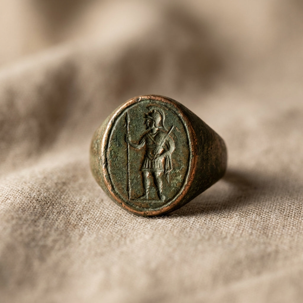 Close crop of antique roman soldier ring intaglio on neutral linen showing carved bezel and patina with soft side lighting and warm beige background