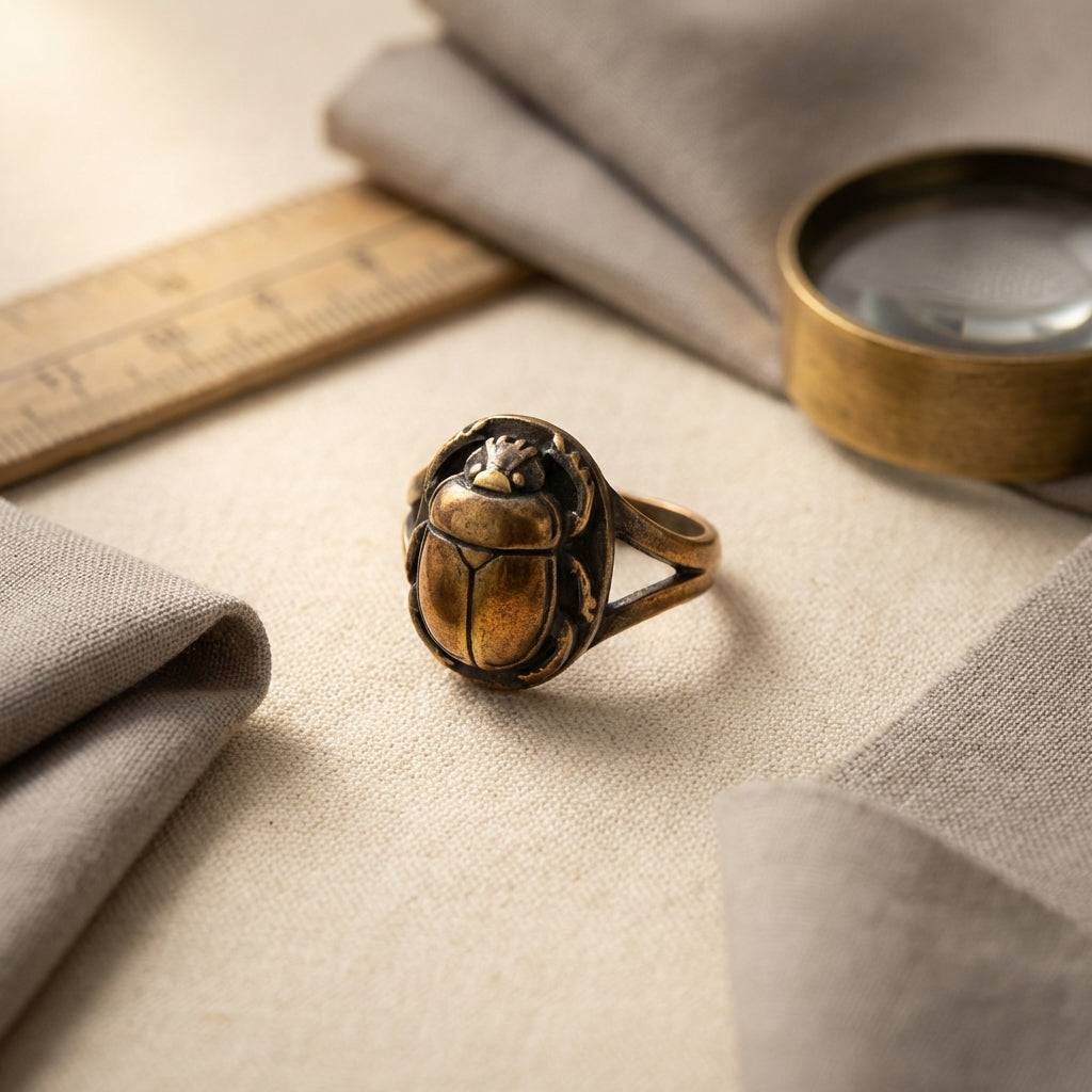 Close softly lit studio image of an antique scarab ring on neutral fabric with a faint ruler and magnifying loupe minimalist Aurora Antiqua palette
