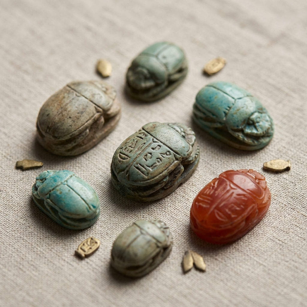 Close up of varied antique scarab ring and scarab amulets on neutral linen showing faience glaze steatite surfaces and carved carnelian under soft museum lighting