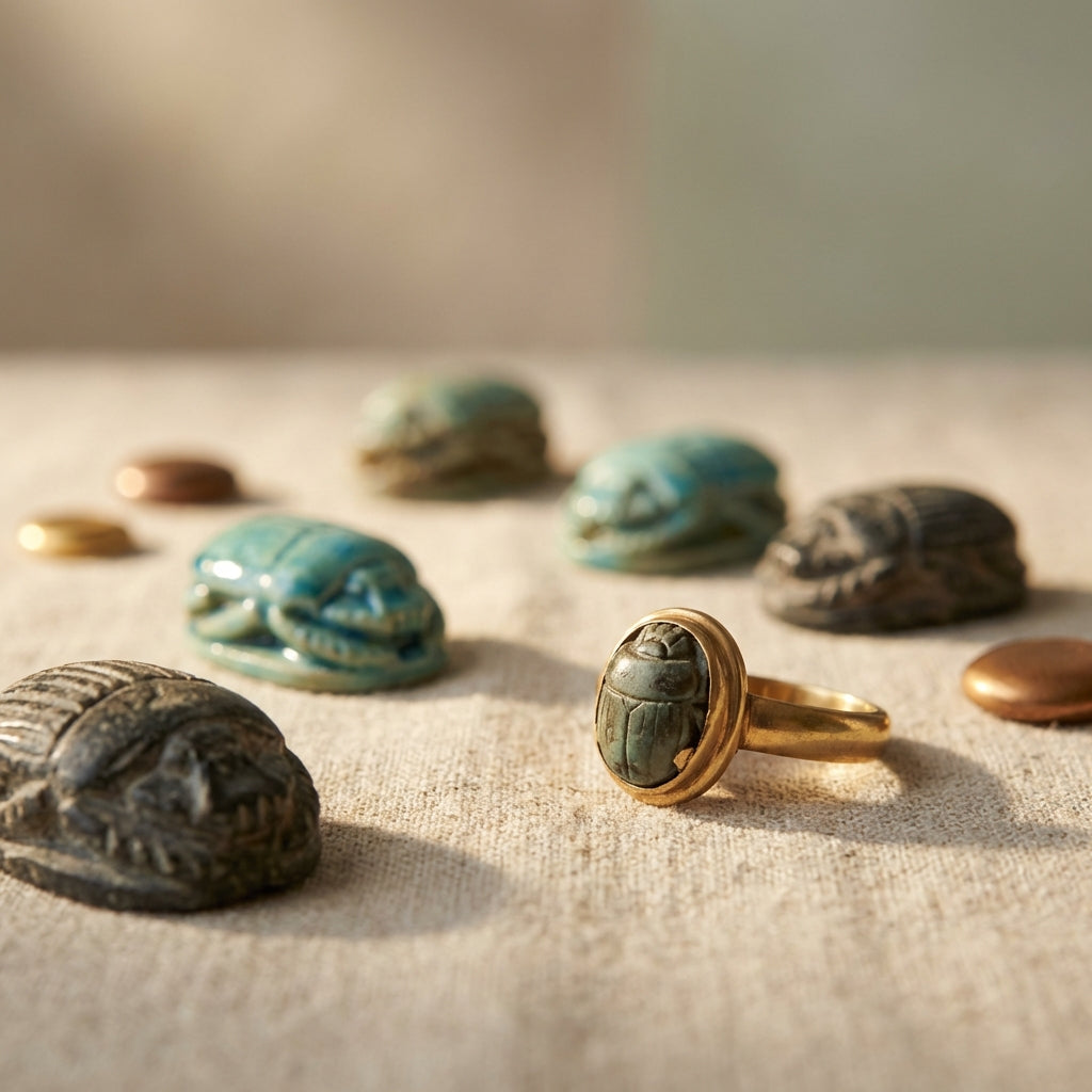 Close studio photograph of antique scarab ring with glazed faience and carved stone scarab amulets arranged on linen background in Aurora Antiqua color palette