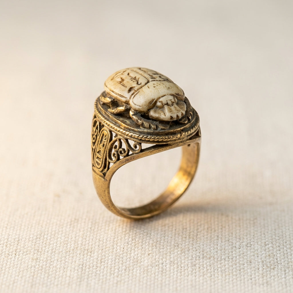 antique scarab ring close up on neutral linen showing base profile and mounting details soft studio lighting minimal composition