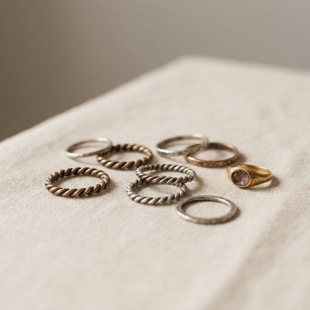 Close natural light photograph of a selection of antique viking ring pieces on a linen background showing twisted wire plain hoops and a small intaglio in muted tones