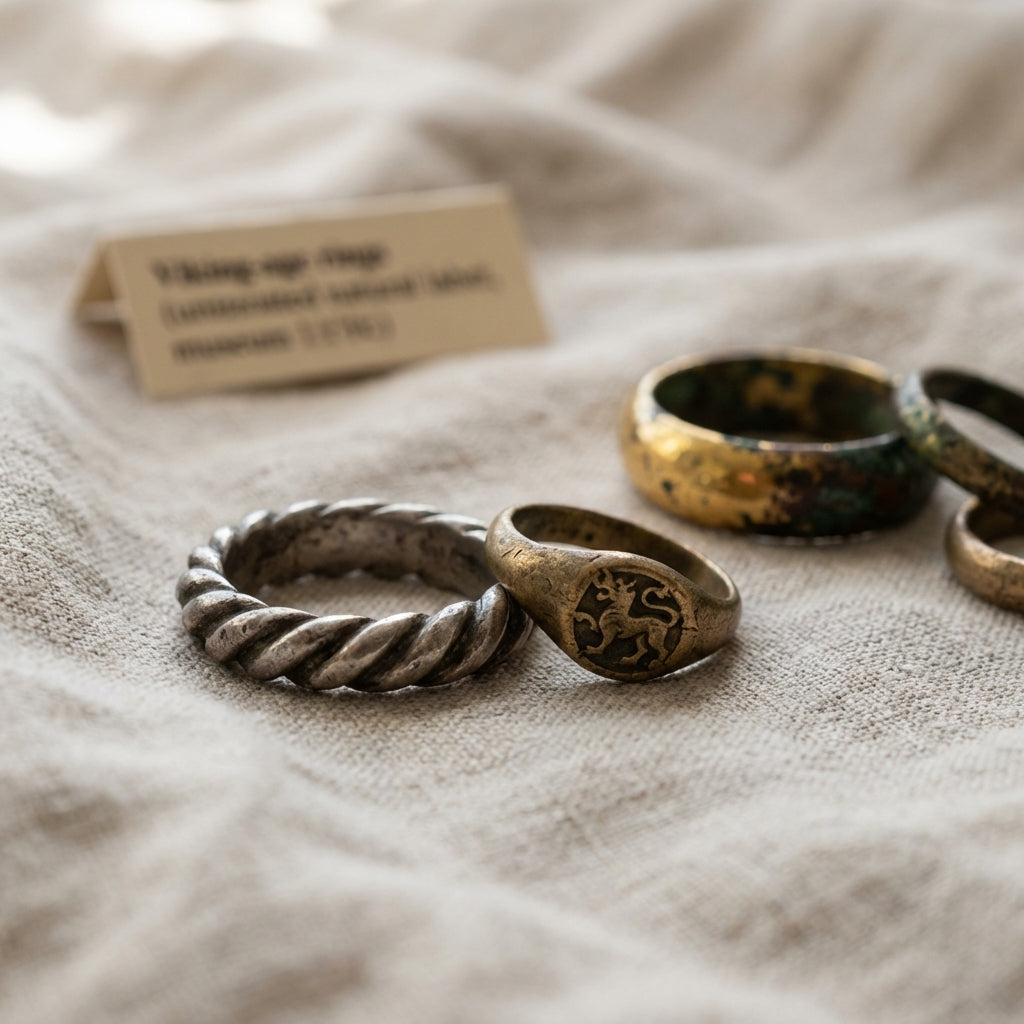 Close natural light photograph of several antique viking ring types on untreated linen with soft focus museum label minimalist bright museum composition