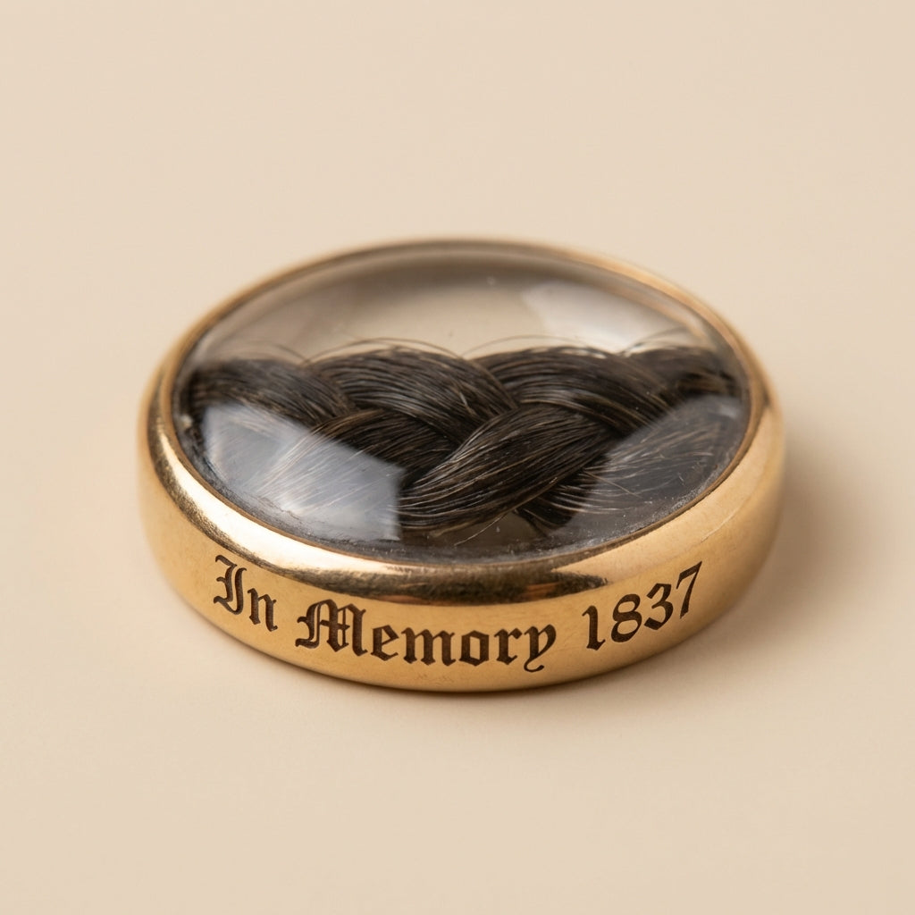 Close up glazed mourning ring bezel showing plait of hair and engraved inscription on beige background detailed antique widows ring product view