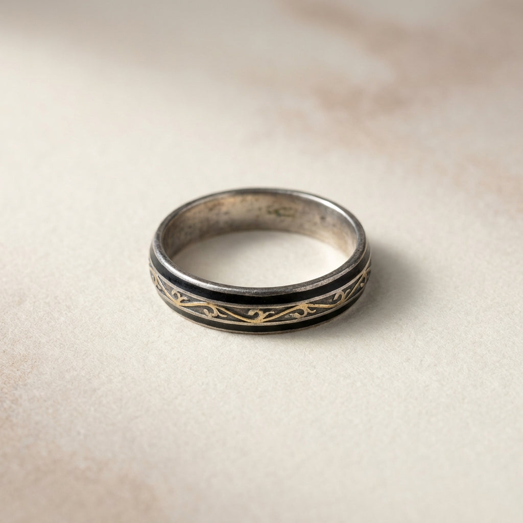 Close up minimal photo of an antique widows ring with black enamel and subtle gold accents on a cream background ede7da highlighting vintage details