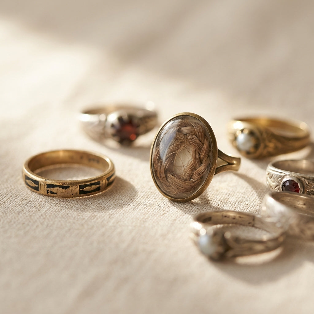 Close full frame view of antique widows ring collection on pale linen showing a black enamel ring and a ring with hairwork under glass in soft directional warm light