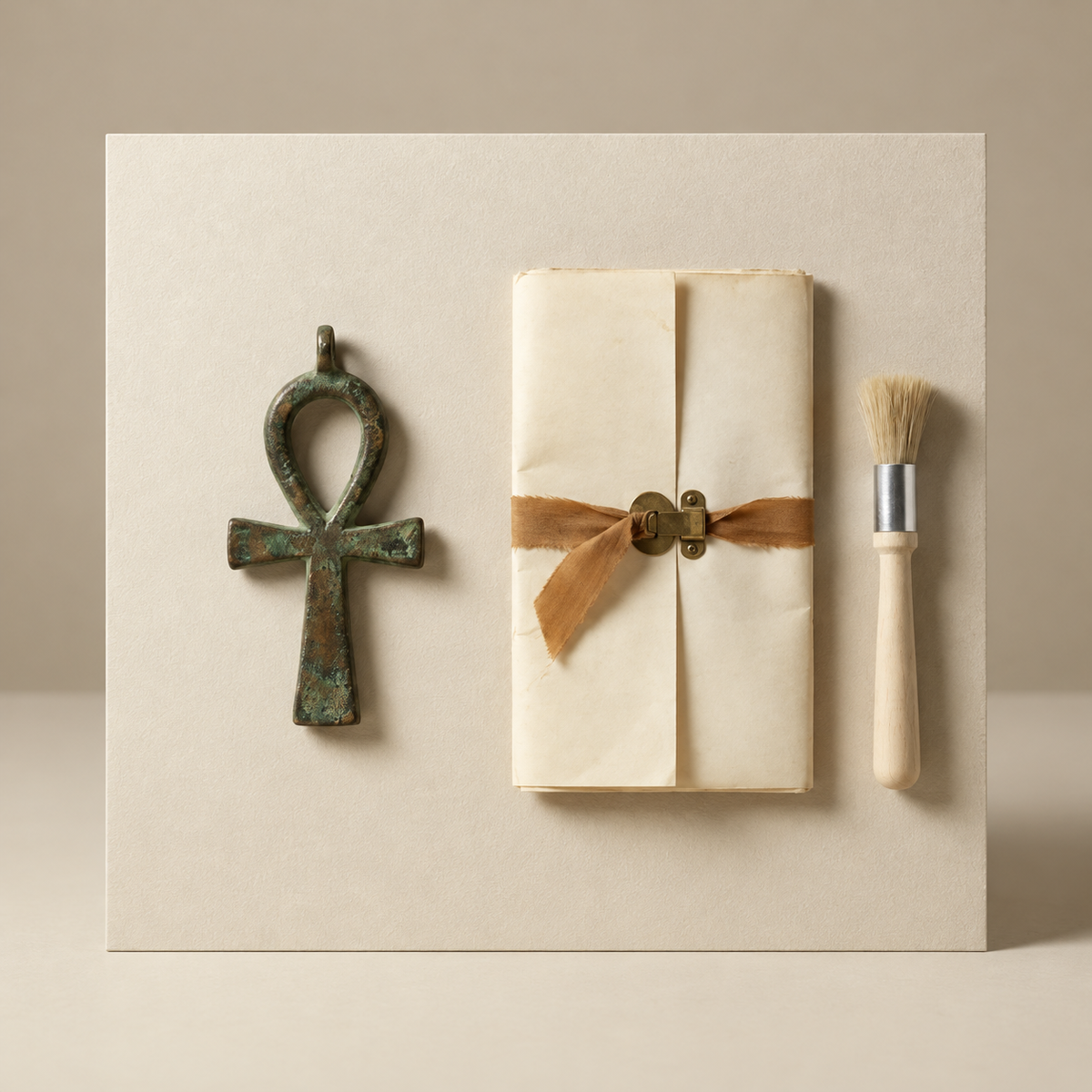 Editorial illustration of an ankh-shaped object beside folded paper and a brush.