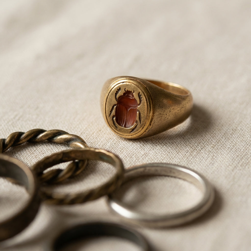 Close up of authentic ancient roman ring selection on light linen background in warm beige tones showing varied bezels and band profiles under soft natural light minimalist Aurora Antiqua aesthetic