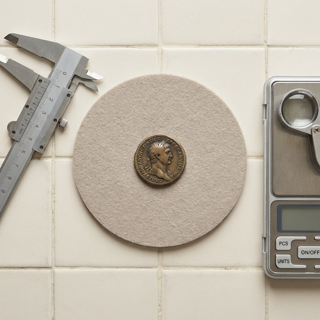 Close top down macro shot of a Roman coin on a soft pad surrounded by calipers a precision scale and a loupe on a tiled workspace in neutral tones authentic roman coin necklace