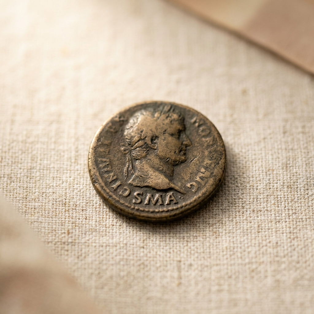 Close up of Roman bronze coin reverse on textured linen showing exergue with worn legend tokens in warm Aurora Antiqua palette authentic roman coin necklace