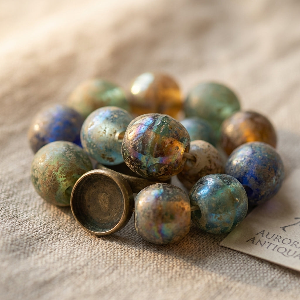 Close up of curated authentic roman glass jewelry beads and a ring bezel on neutral linen background in Aurora Antiqua palette highlighting iridescence and patina