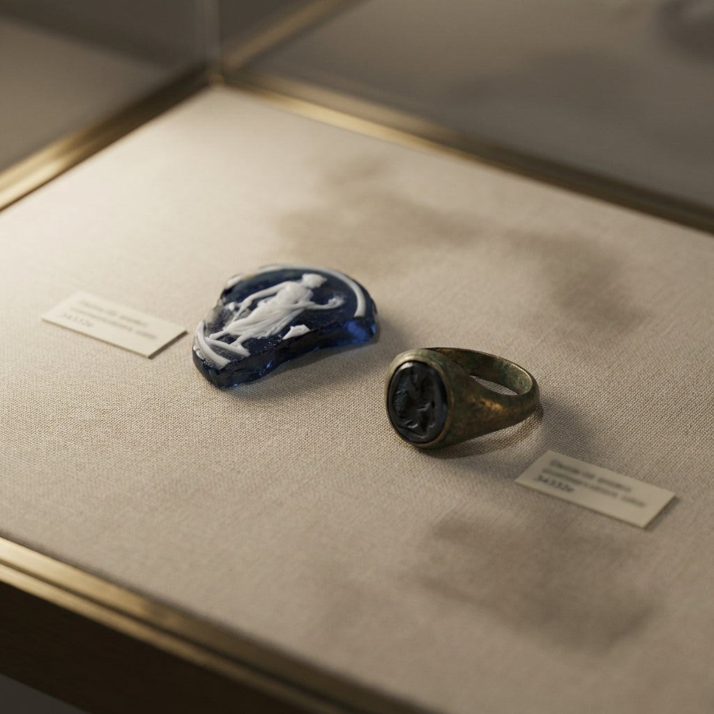 Soft lit museum display of authentic roman glass jewelry cameo fragment and intaglio ring on neutral beige background with conservation labels slightly blurred