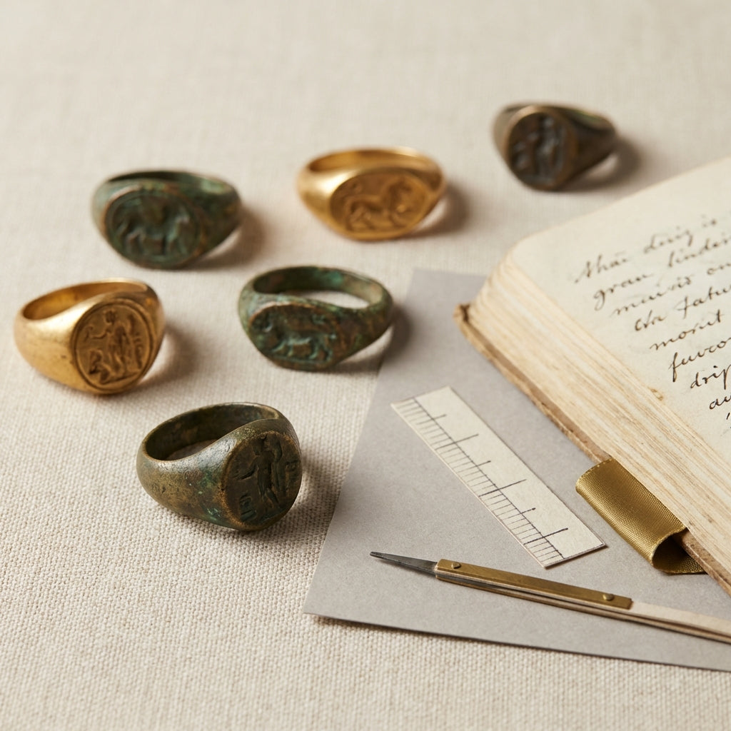 Close ambient photo of several authentic roman ring pieces on neutral linen with a paper scale and an open notebook showing notes in a minimalist clean composition