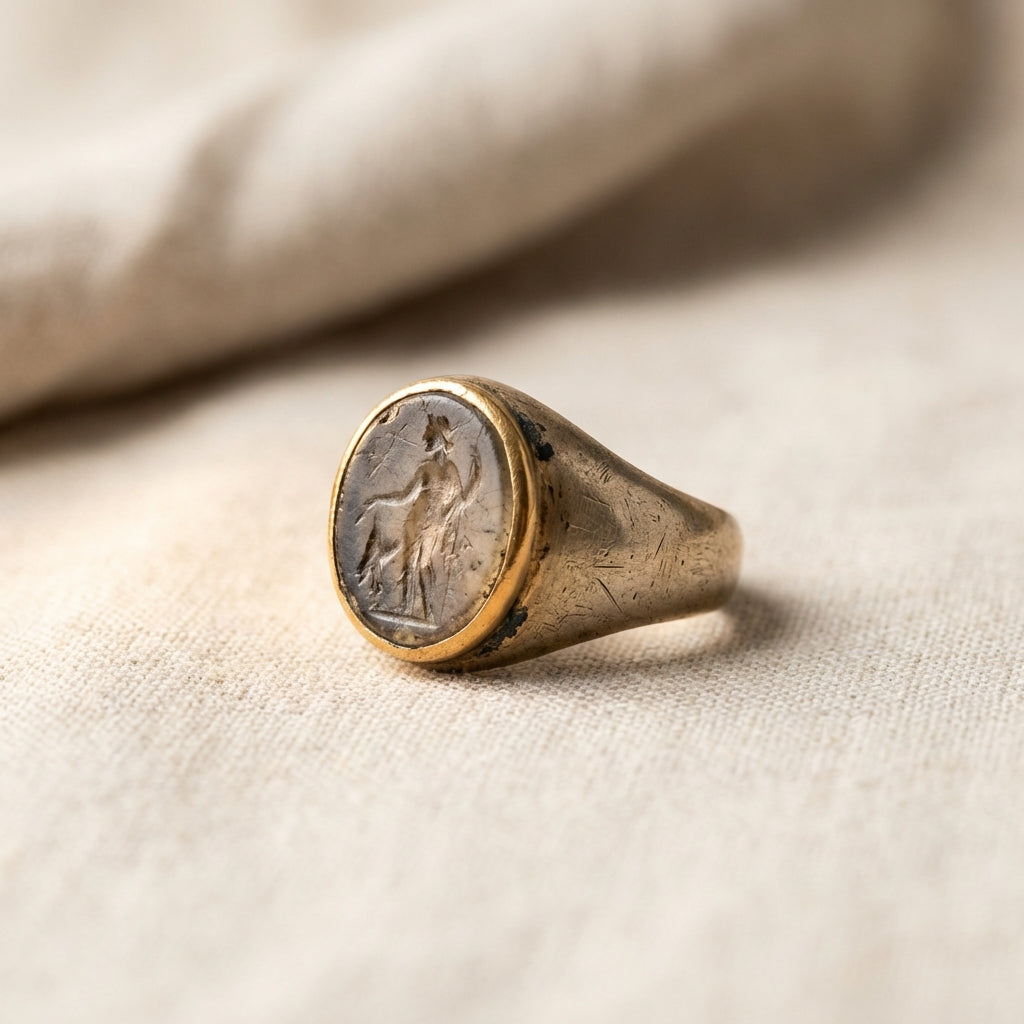 Close macro photograph of an authentic roman ring on neutral linen showing bezel detail and aged patina in a warm minimal Aurora Antiqua palette