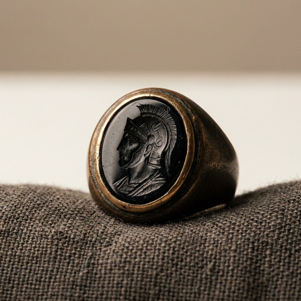 Close cropped full frame photo of a black onyx roman soldier ring on dark linen with soft directional light highlighting bezel patina and carved intaglio