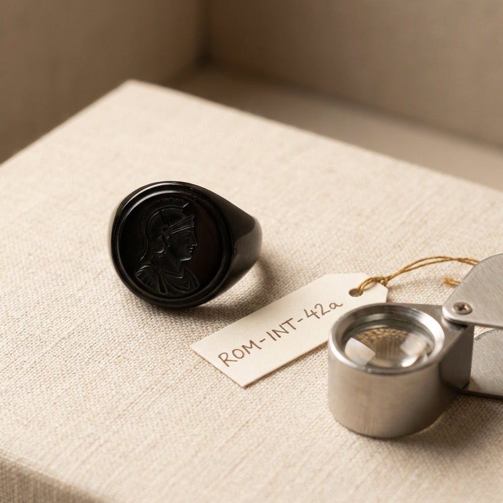 Soft lit closeup of a black onyx roman soldier ring on beige linen with a small archival tag and conservator loupe in a minimalist museum style background ede7da