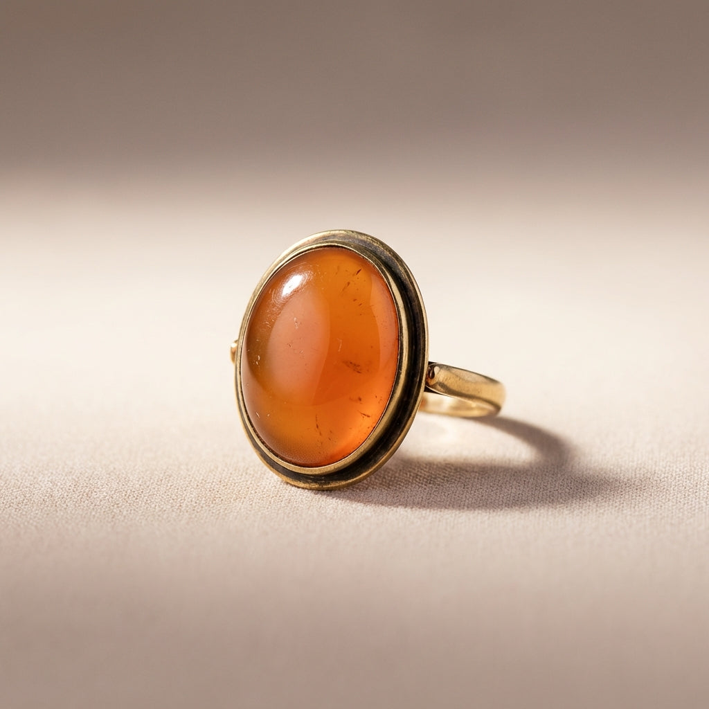 Close cropped full frame photo of an antique gold carnelian cabochon ring on a warm neutral ede7da background with soft diffused light and shallow depth of field