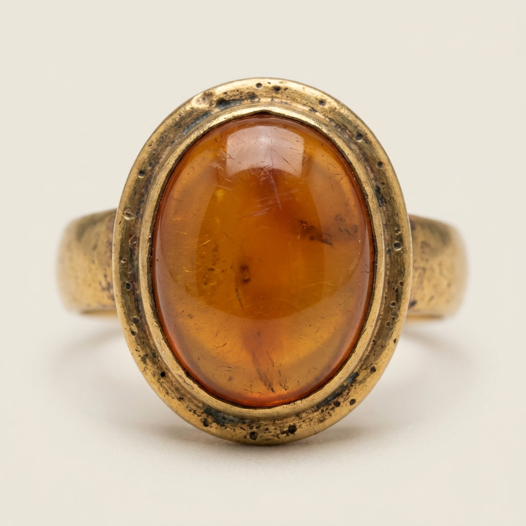 Close up of carnelian cabochon ring set in a worn gold bezel on neutral cream background with museum style lighting and minimal composition