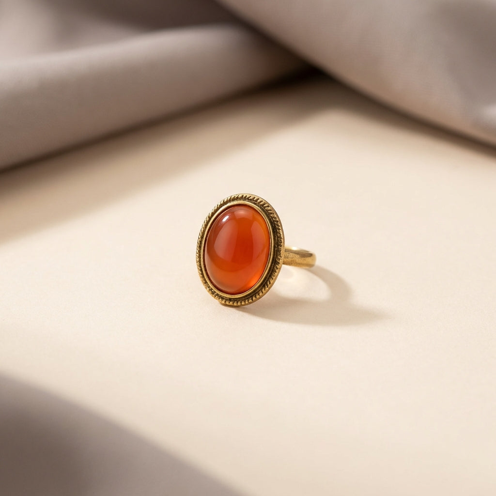 Minimalist product photo of a carnelian cabochon ring with antique gold bezel on a warm beige background in Aurora Antiqua color palette