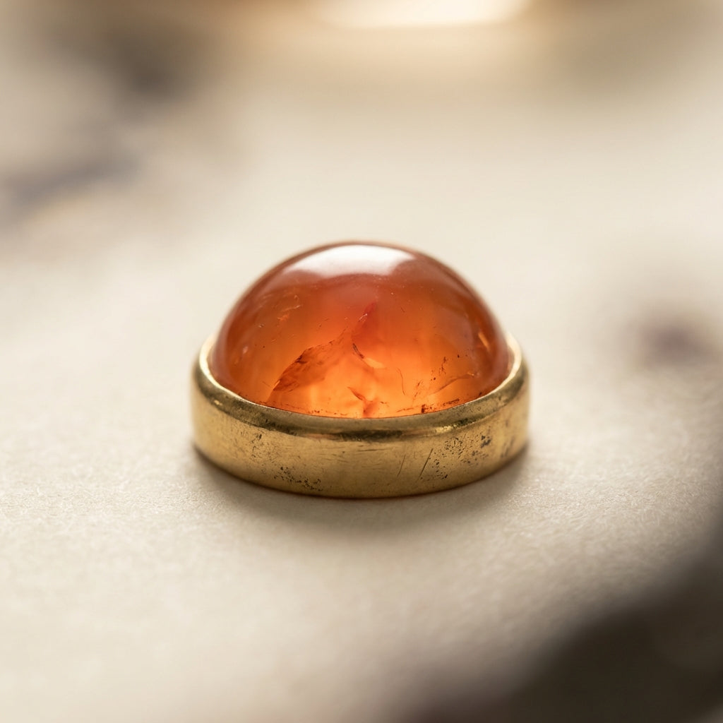 Close full frame view of a domed carnelian cabochon ring in a simple gold bezel on a soft beige background showing stone translucence and subtle metal patina
