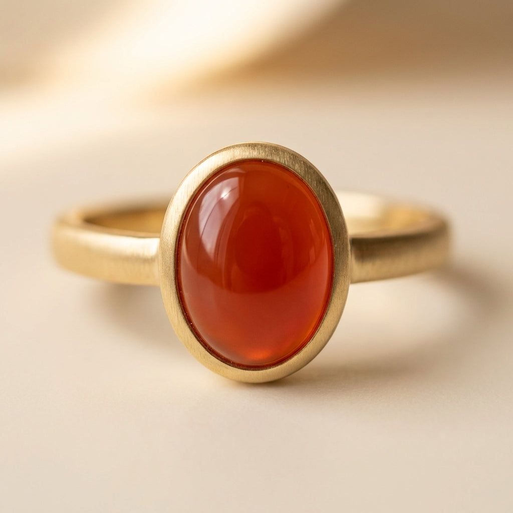 Close up of a warm red orange carnelian cabochon ring set in a raised gold bezel on a cream background ede7da minimal elegant composition