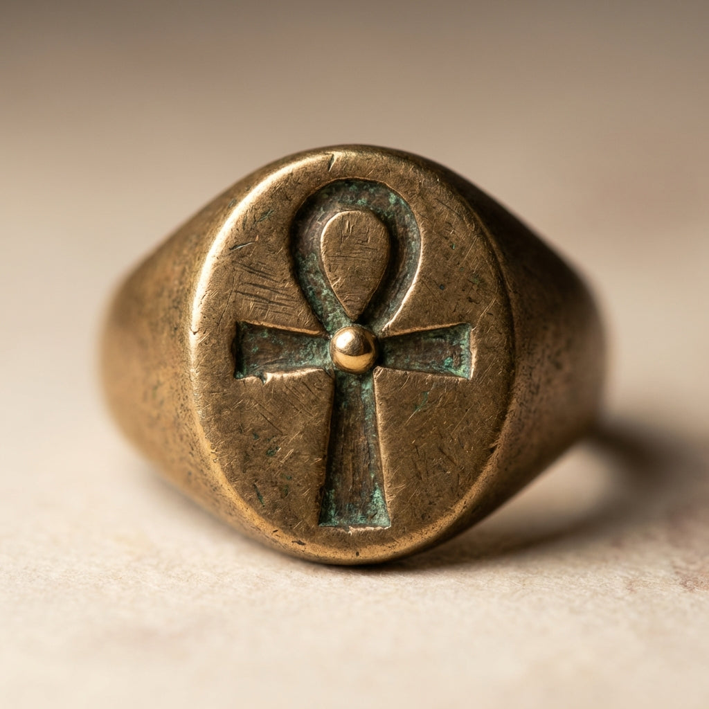Close full frame image of an ancient egyptian ankh ring bezel with carved ankh motif patina and aged bronze details on a neutral beige background