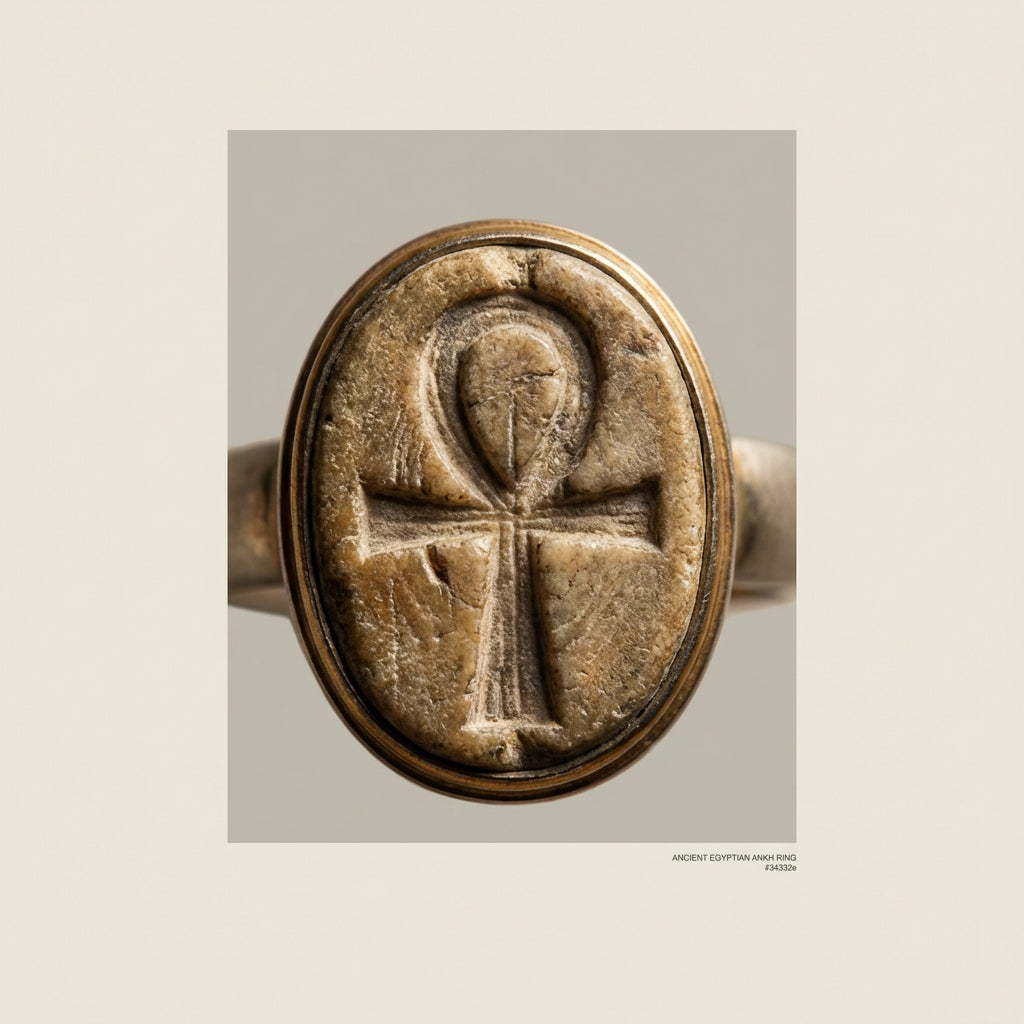Close up of an egyptian ankh ring carved into a stone bezel with soft museum lighting on a neutral #ede7da background minimalist composition