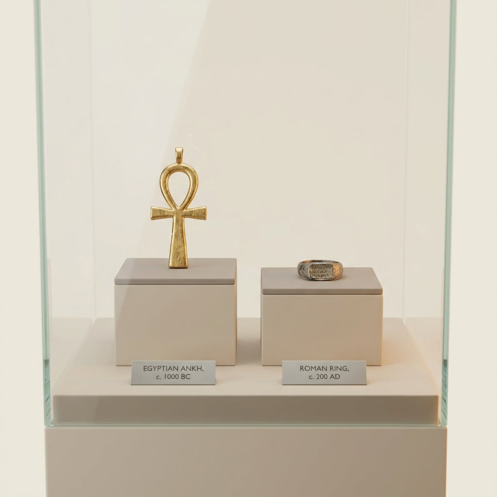 Close crop museum display case showing an egyptian ankh ring and an ancient labeled ring on a soft neutral background in Aurora Antiqua palette