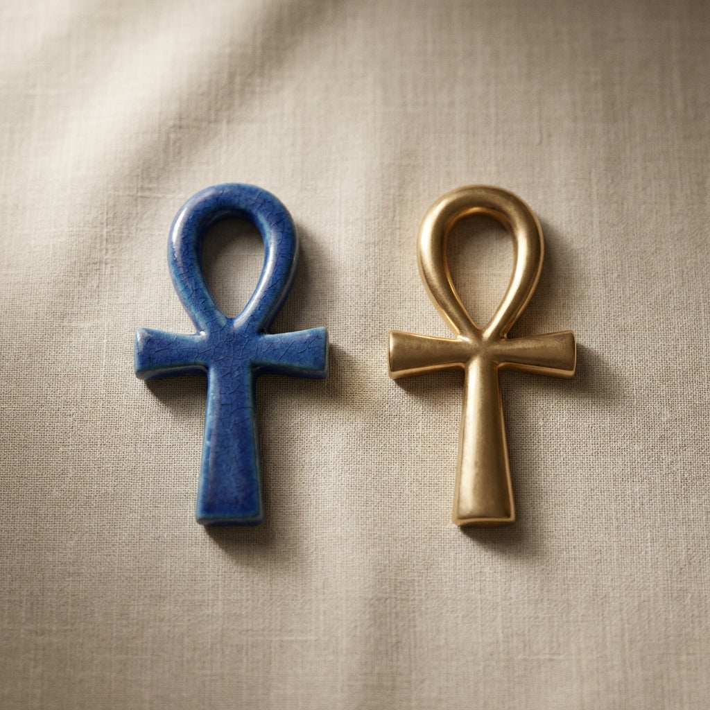 Close up minimalist photo of a faience blue ankh beside a gold toned egyptian ankh ring on neutral linen background in Aurora Antiqua palette
