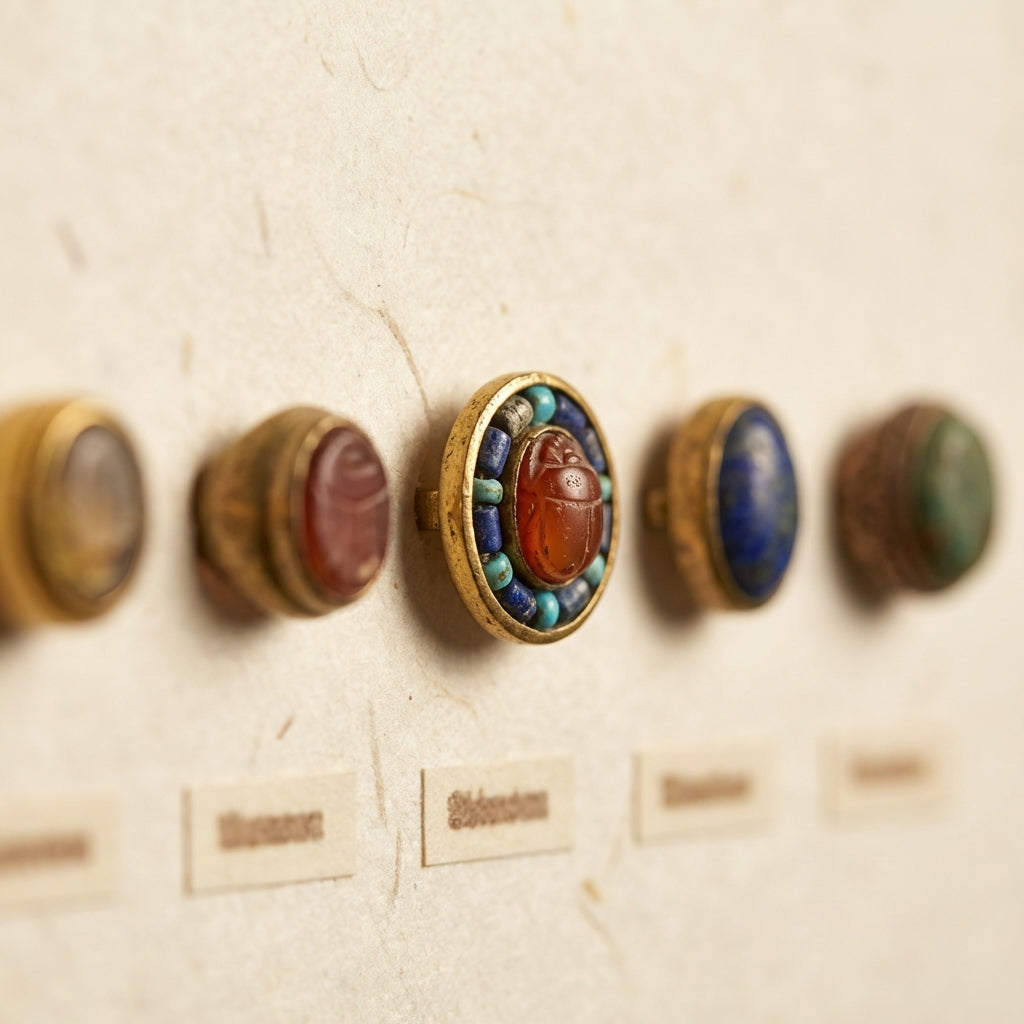 Close up soft lit museum photograph of egyptian rings and carved scarabs on archival paper in a warm neutral Aurora Antiqua palette background #ede7da with subtle gold accents