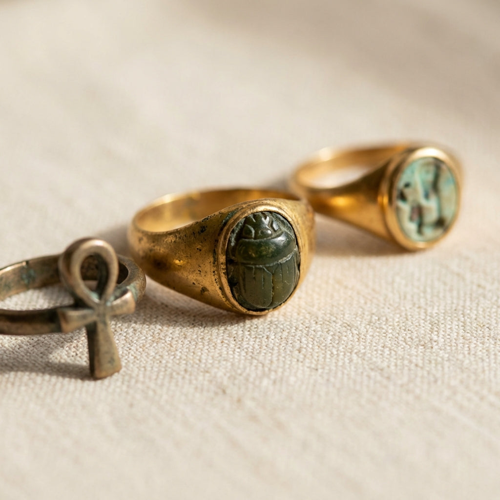 antique egyptian rings closeup on archival linen showing carved scarab ankh and gold bezel with visible patina in a minimalist Aurora Antiqua palette