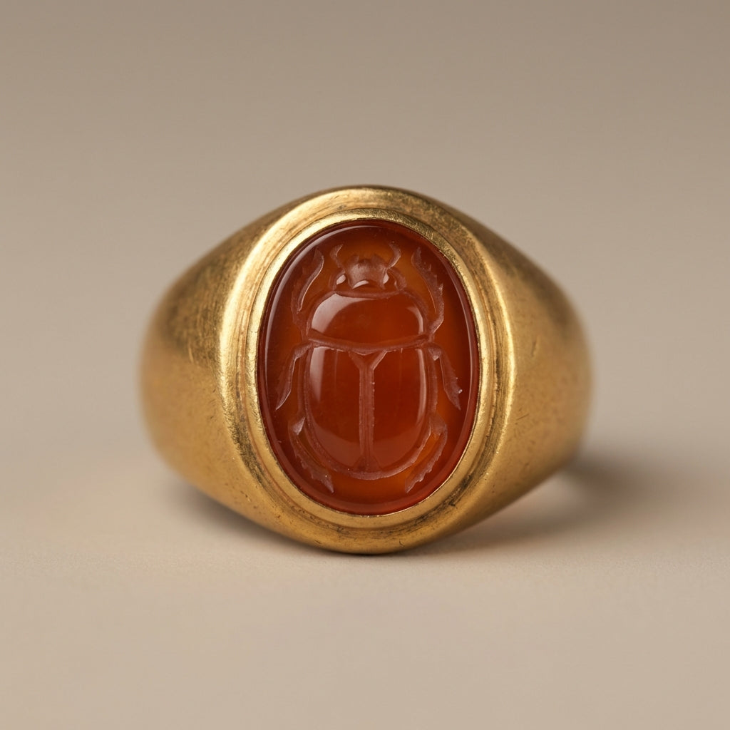 Close up gold ancient ring bezel with carnelian intaglio scarab on beige background soft museum lighting minimalist composition showing egyptian rings for women