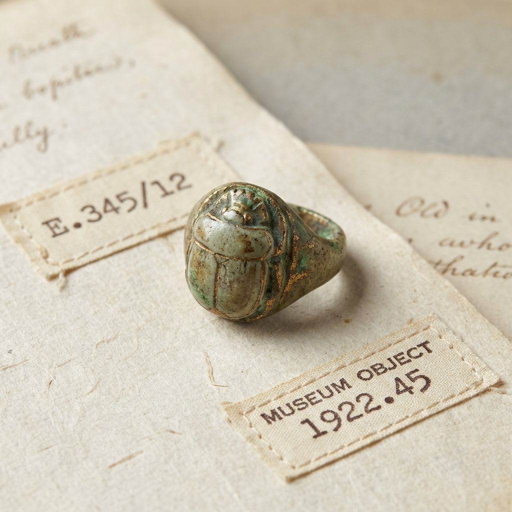 Close up of a weathered egyptian scarab beetle ring on archival paper with visible museum accession tags in soft neutral light minimal composition