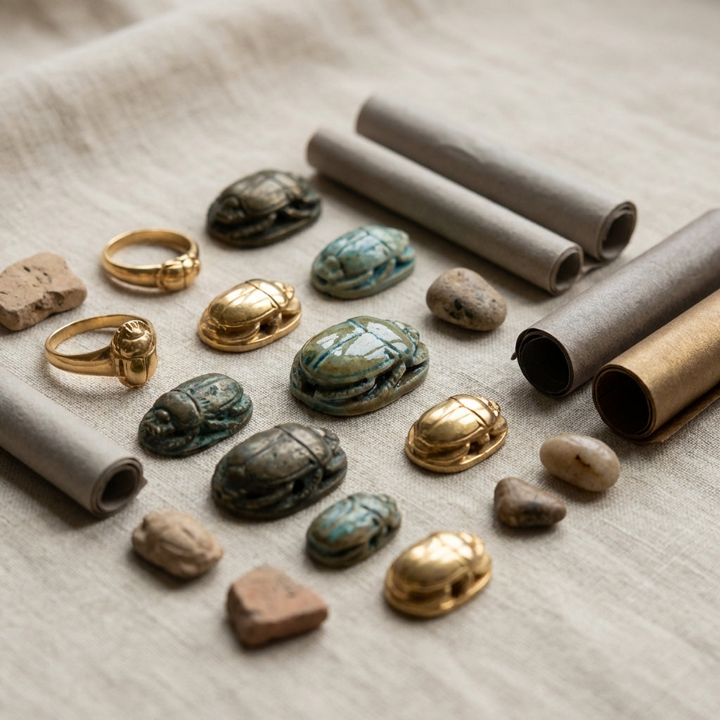 Close full frame view of an egyptian scarab beetle ring and matching scarab amulets on neutral linen background with soft light highlighting glazed surfaces