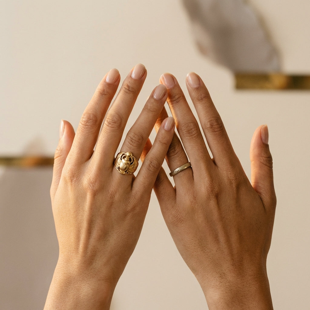 Minimalist studio photo of two hands showing an egyptian wedding ring finger on the left ring finger and a textured wedding band on the right ring finger against a warm neutral background ede7da