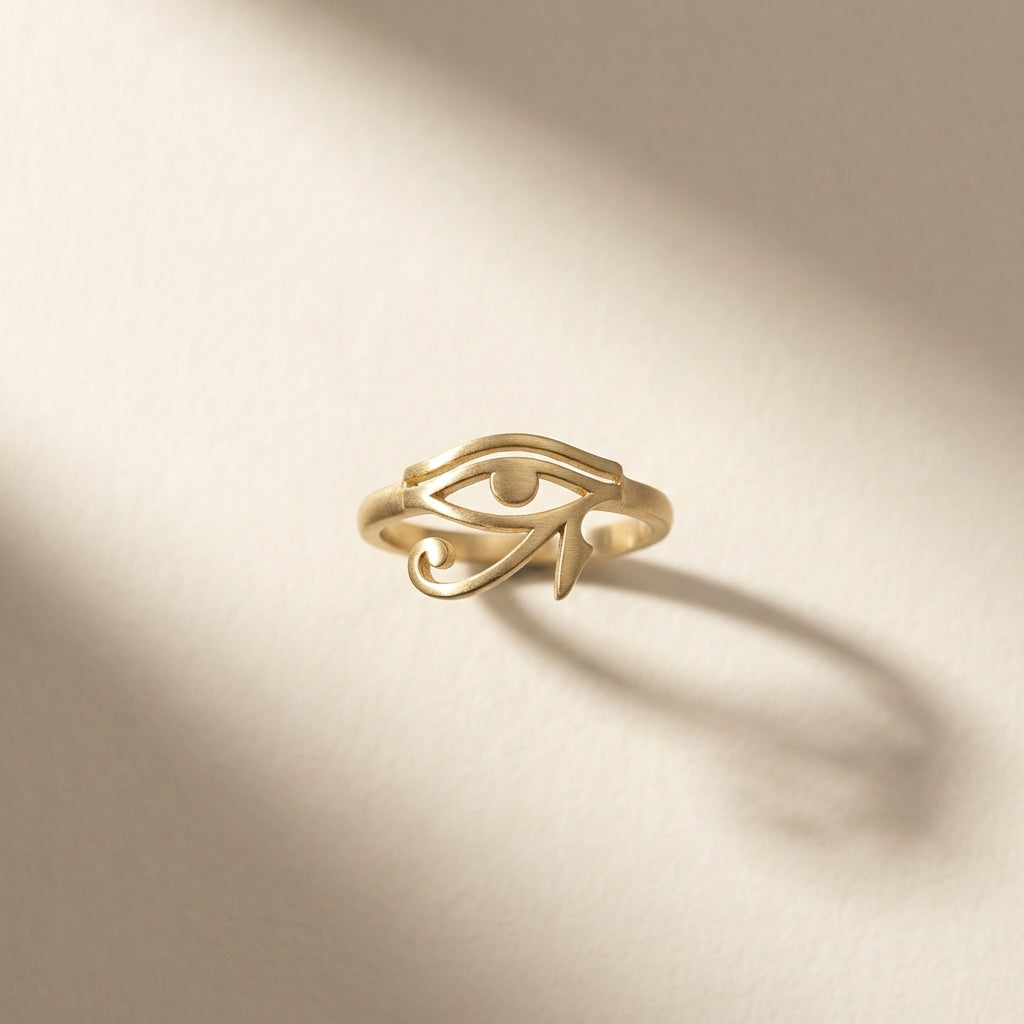 eye of horus gold ring centered on warm cream Aurora Antiqua background minimalist jewelry photo with gold accents and soft shadow