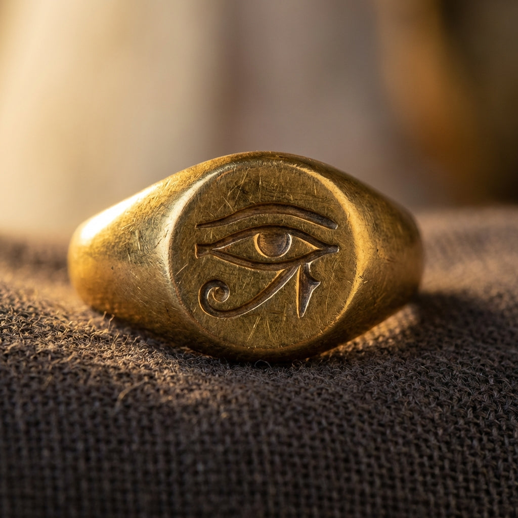 Close up of an ancient eye of horus gold ring with worn patina resting on dark textured linen warm directional light soft neutral background #ede7da minimal composition