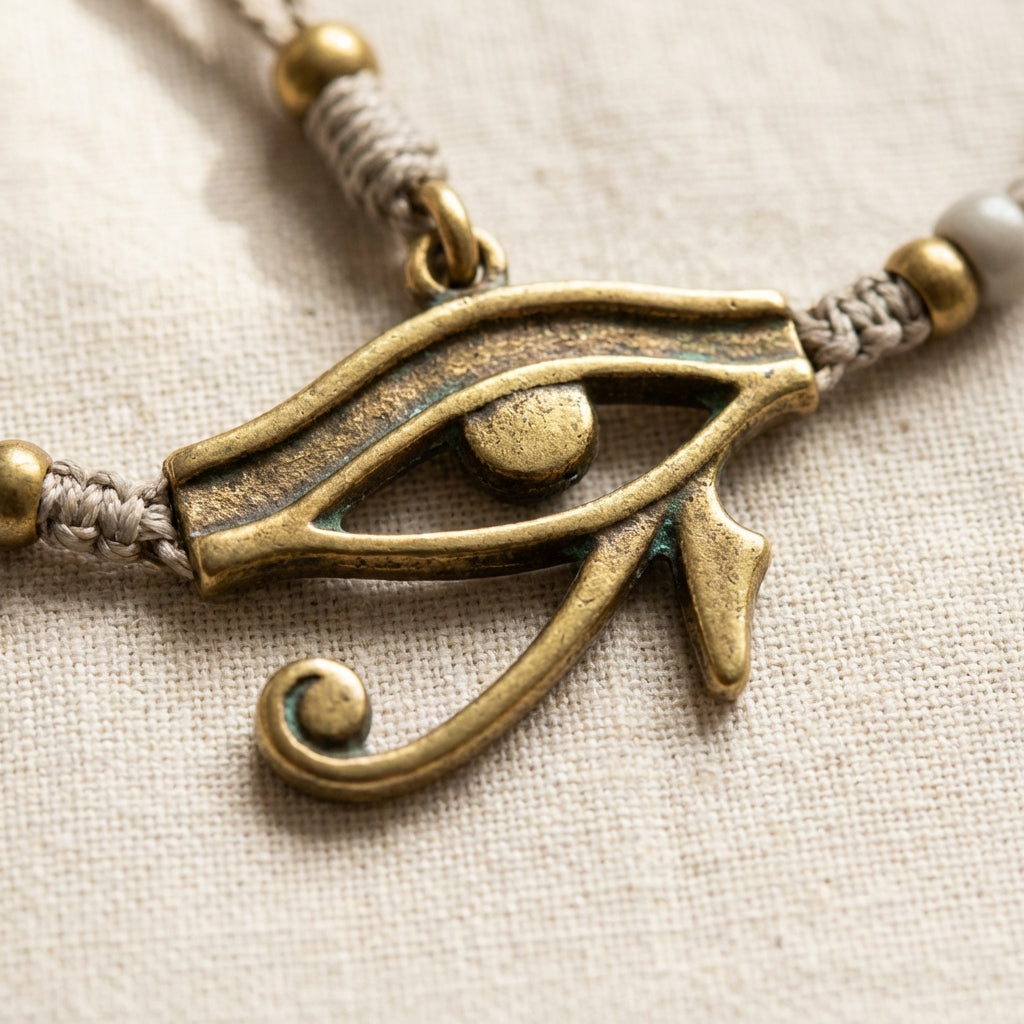 Close up of eye of horus jewelry amulet centered on light linen background #ede7da showing warm brass patina and fabric texture in a minimalist Aurora Antiqua aesthetic