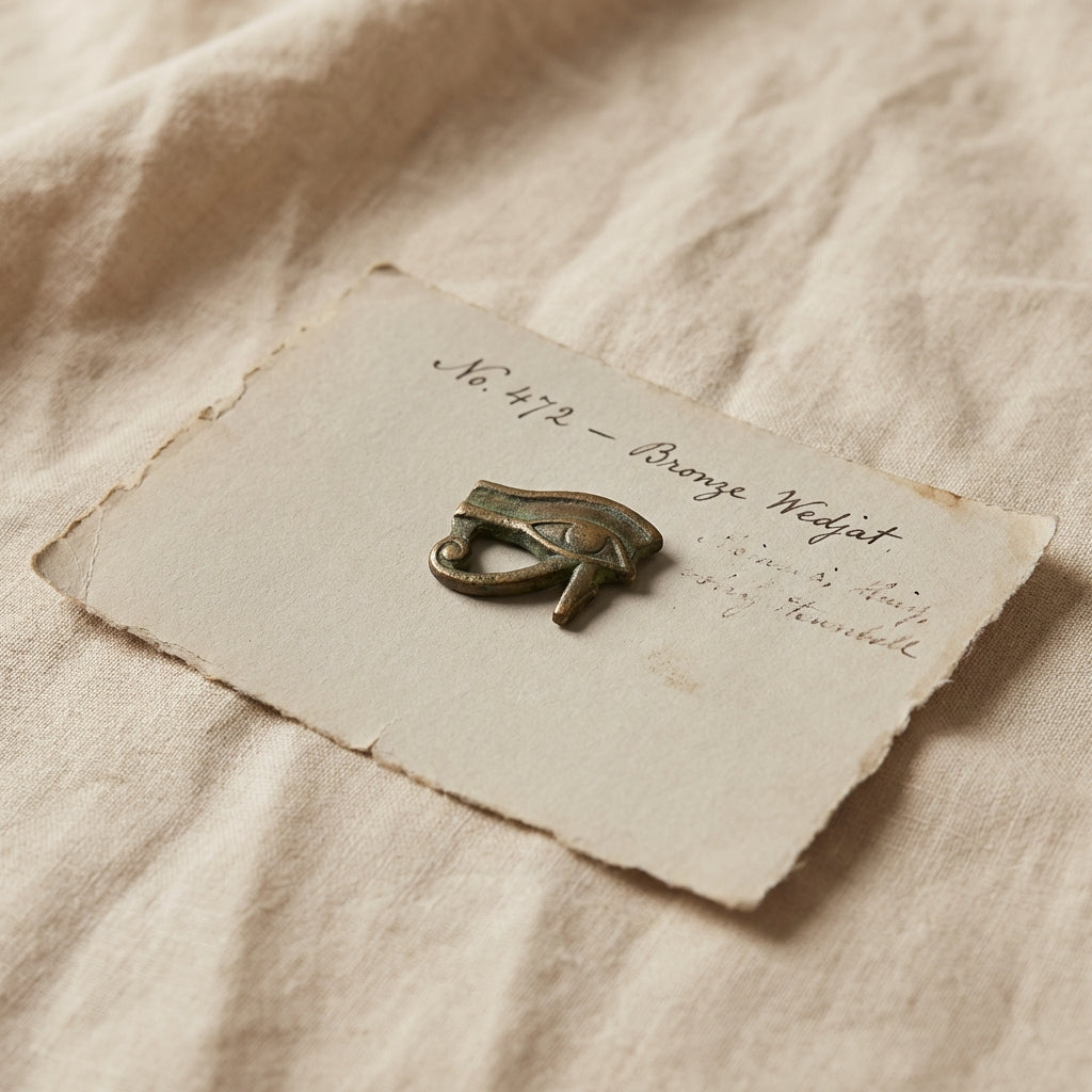 Bronze eye of horus jewelry wedjat amulet on archival paper with handwritten catalogue notes on soft linen background in muted warm tones