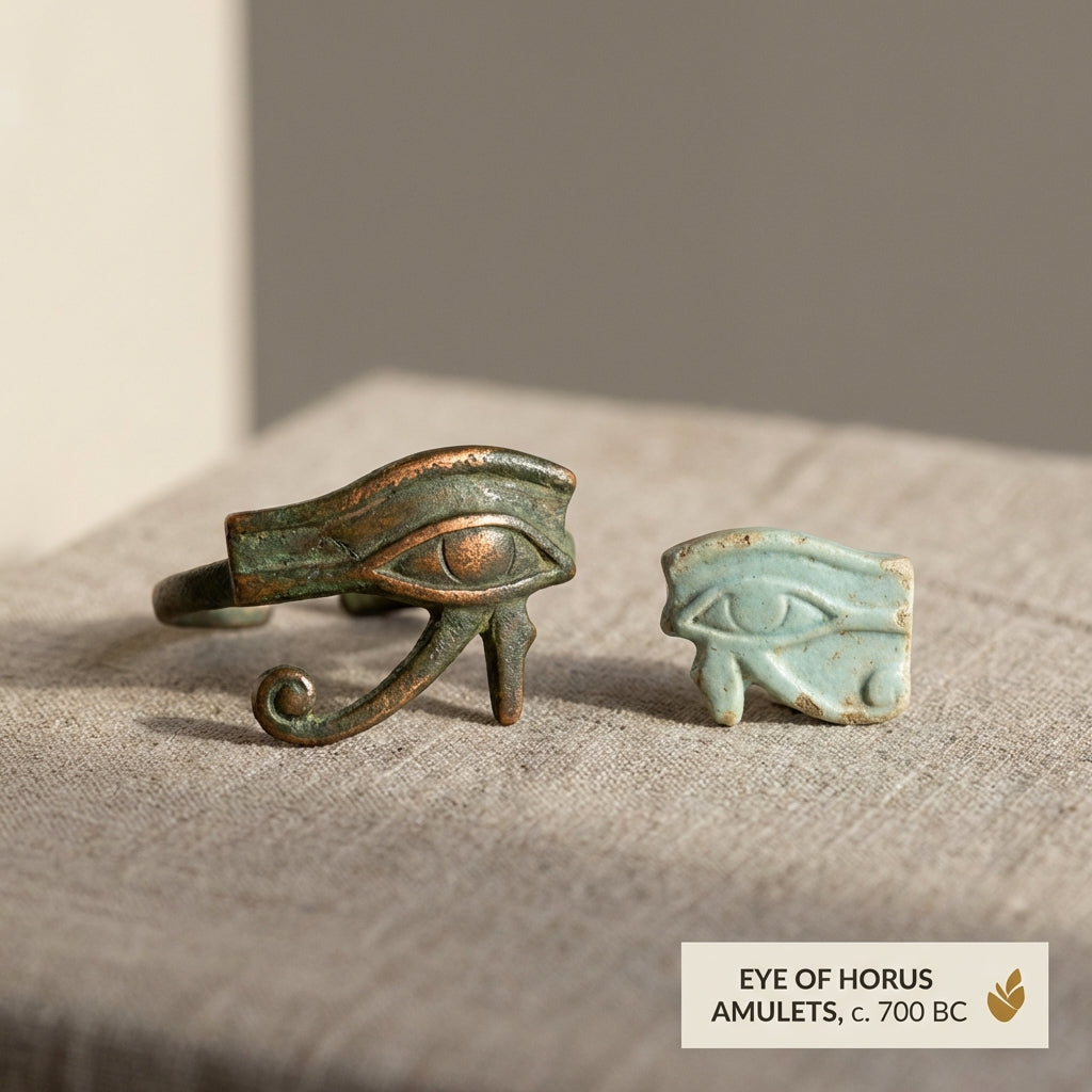 Close up of weathered bronze eye of horus nose ring with small faience wedjat amulet on linen in muted Aurora Antiqua palette
