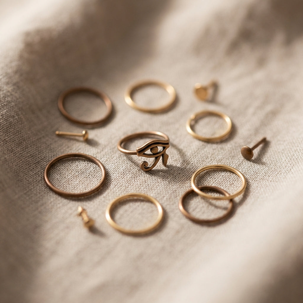 Close crop of assorted studs hoops and a small Eye of Horus nose ring on a neutral cloth backdrop in Aurora Antiqua palette eye of horus nose ring featured