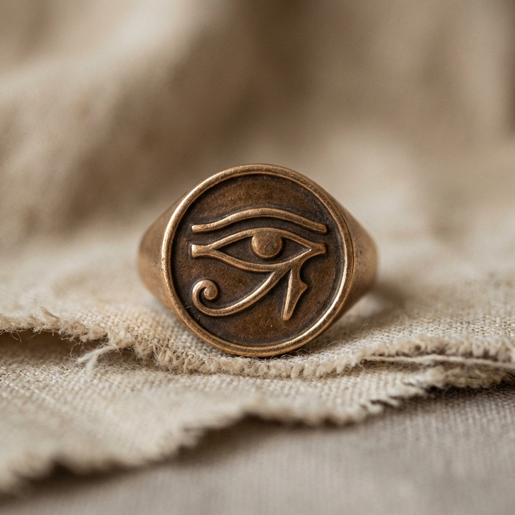 Close soft lit full frame photograph of an eye of horus ring bronze bezel with stylized wedjat motif resting on aged linen in neutral Aurora Antiqua palette
