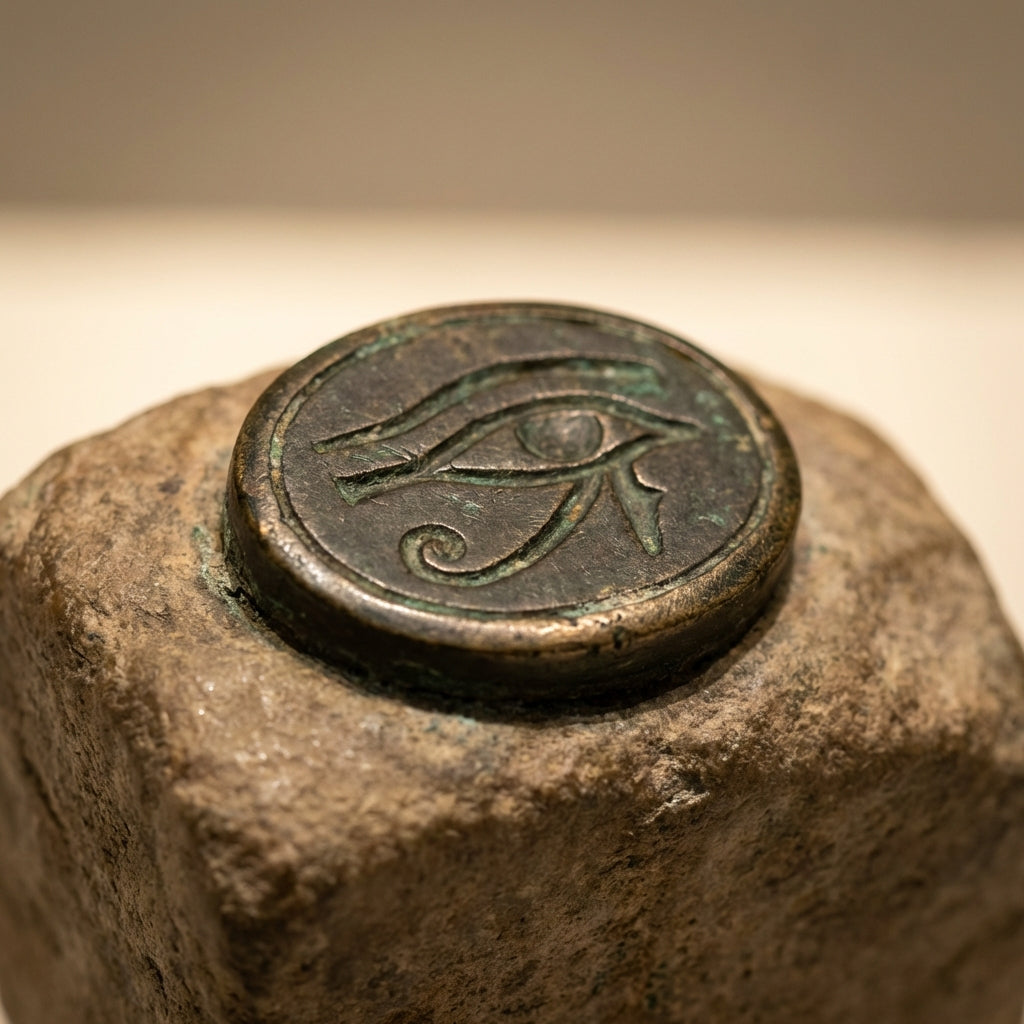 Close museum style macro photograph of a worn intaglio bezel with subtle patina on stone showing engraved Eye of Horus motif in warm Aurora Antiqua tones eye of horus ring