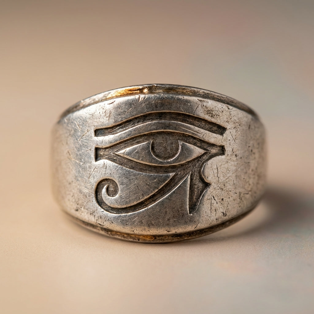 Close crop of eye of horus ring silver showing ancient silver patina and detailed engraving on a warm beige background