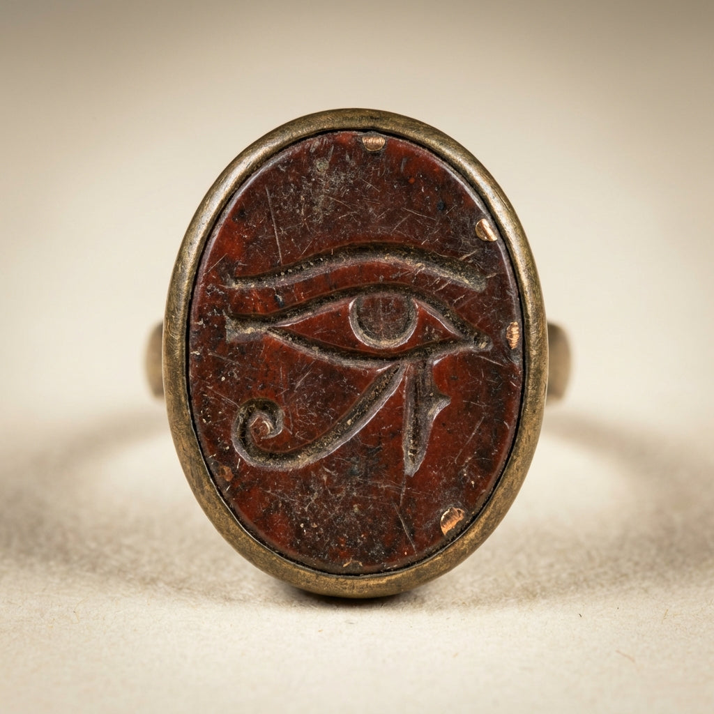 Close macro of an eye of horus ring intaglio set in a simple warm metal bezel on a neutral ede7da background showing worn hardstone texture and subtle metal highlights