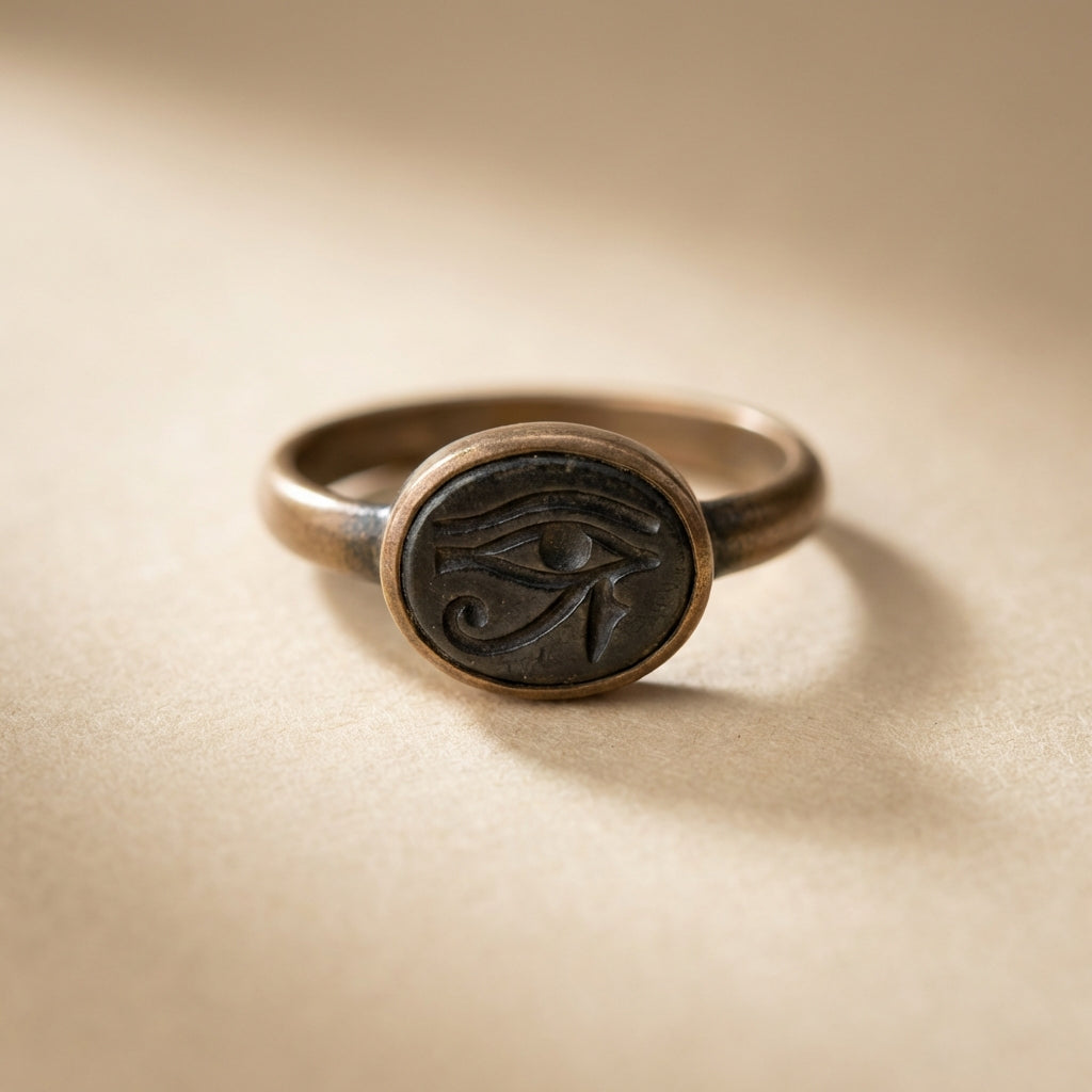 Close cropped studio photo of an ancient intaglio eye of ra ring in a simple gold bezel on a neutral textured background #ede7da showing carved details and warm patina