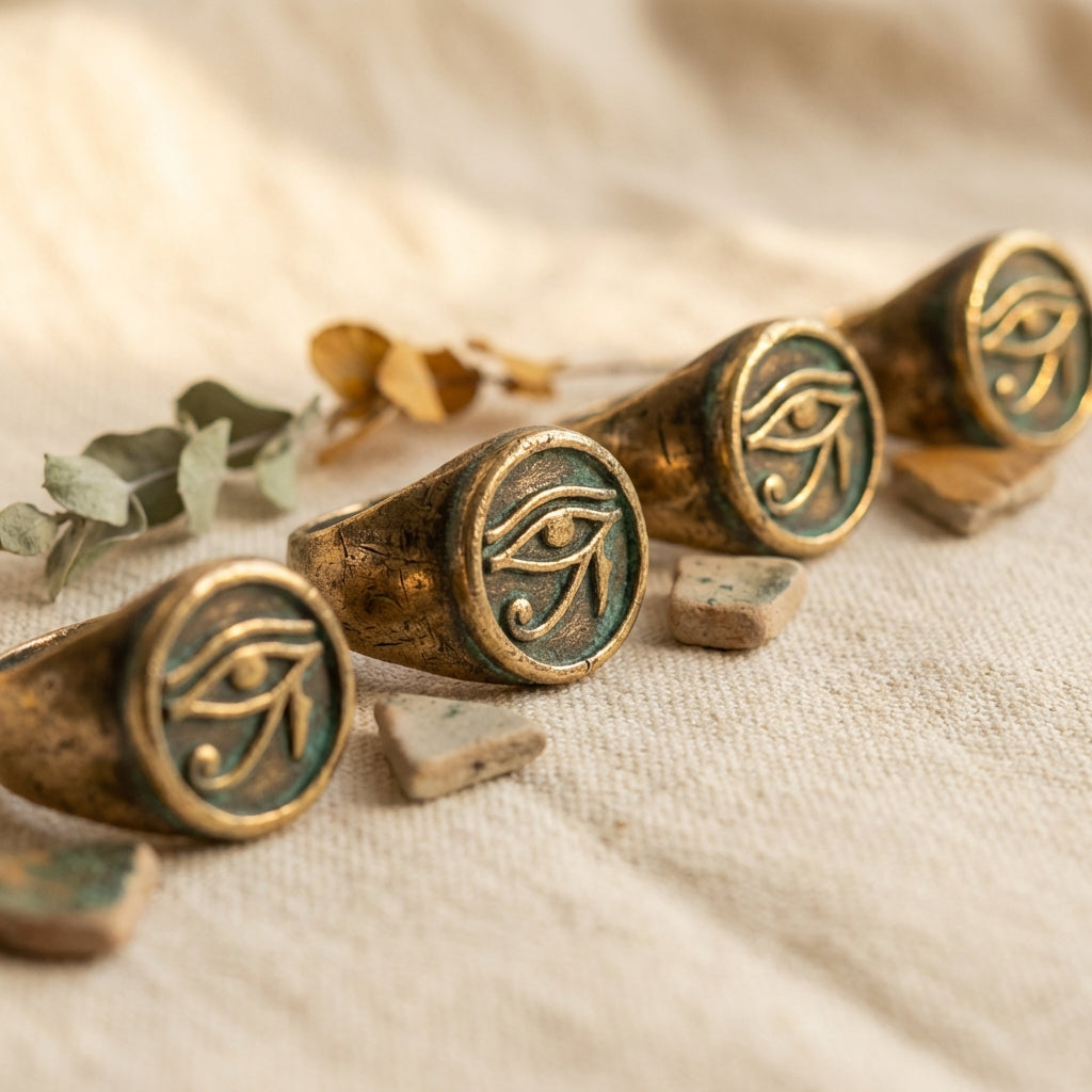 Close study of ancient eye of ra ring collection on a neutral ede7da background showing patina bezels and soft side lighting minimalist Aurora Antiqua aesthetic