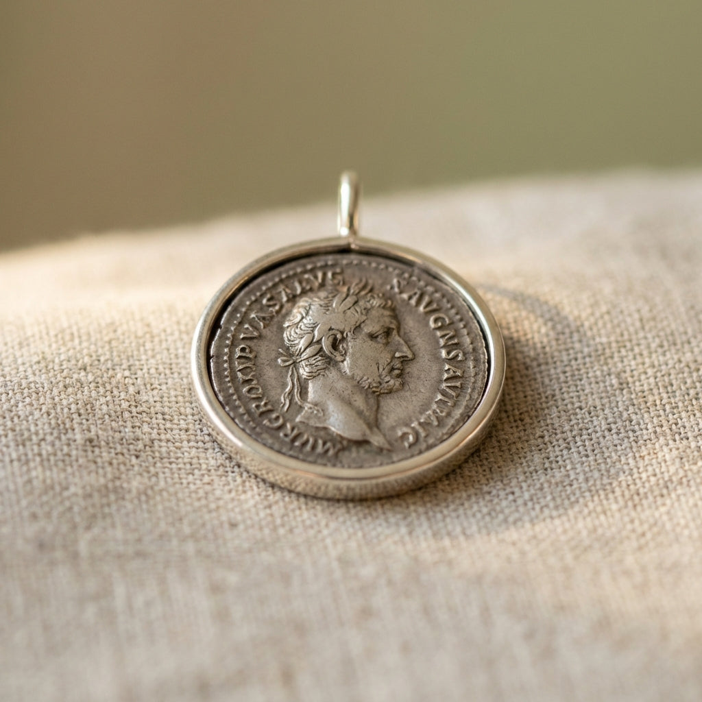 Close up of a genuine roman coin necklace in a simple silver bezel on neutral fabric background with soft directional light and shallow depth of field