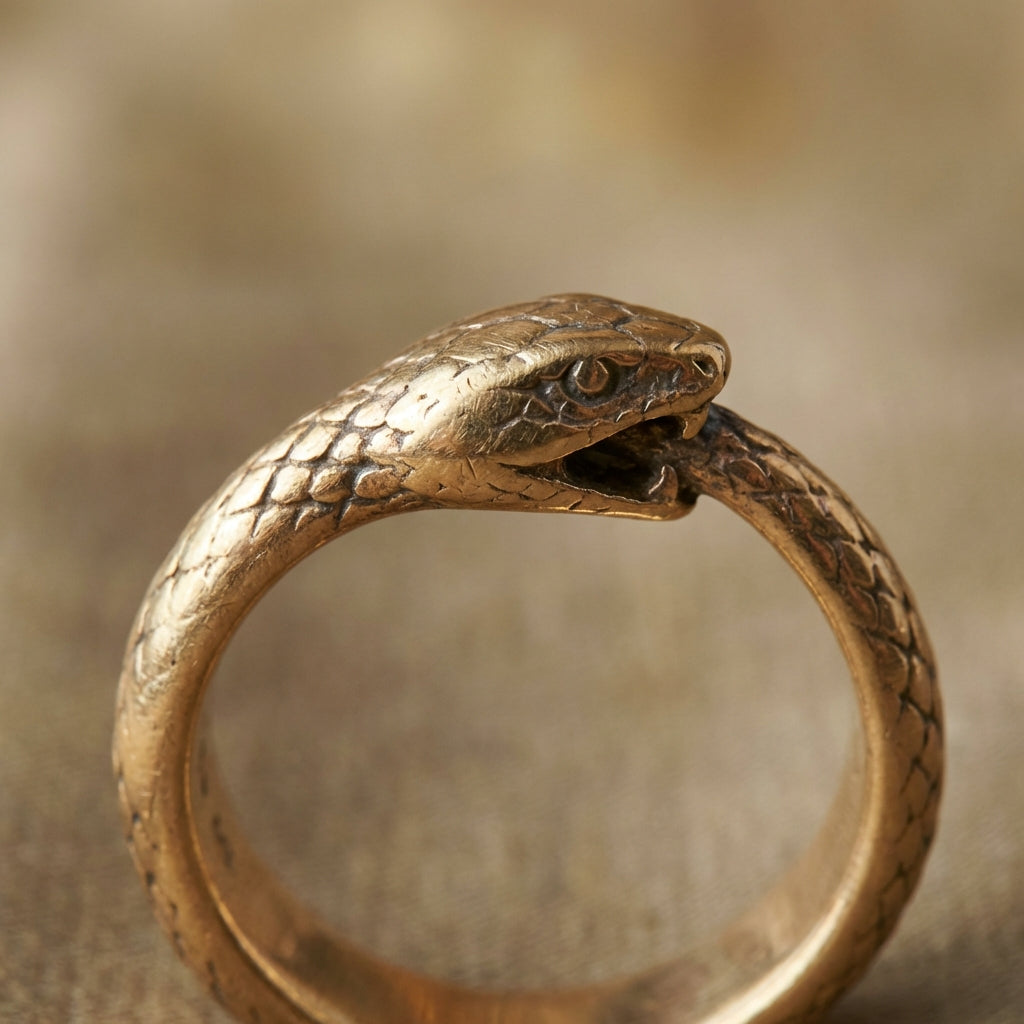 Close cropped macro photo of a gold ouroboros ring biting its tail on warm beige background showing patina texture and soft directional light