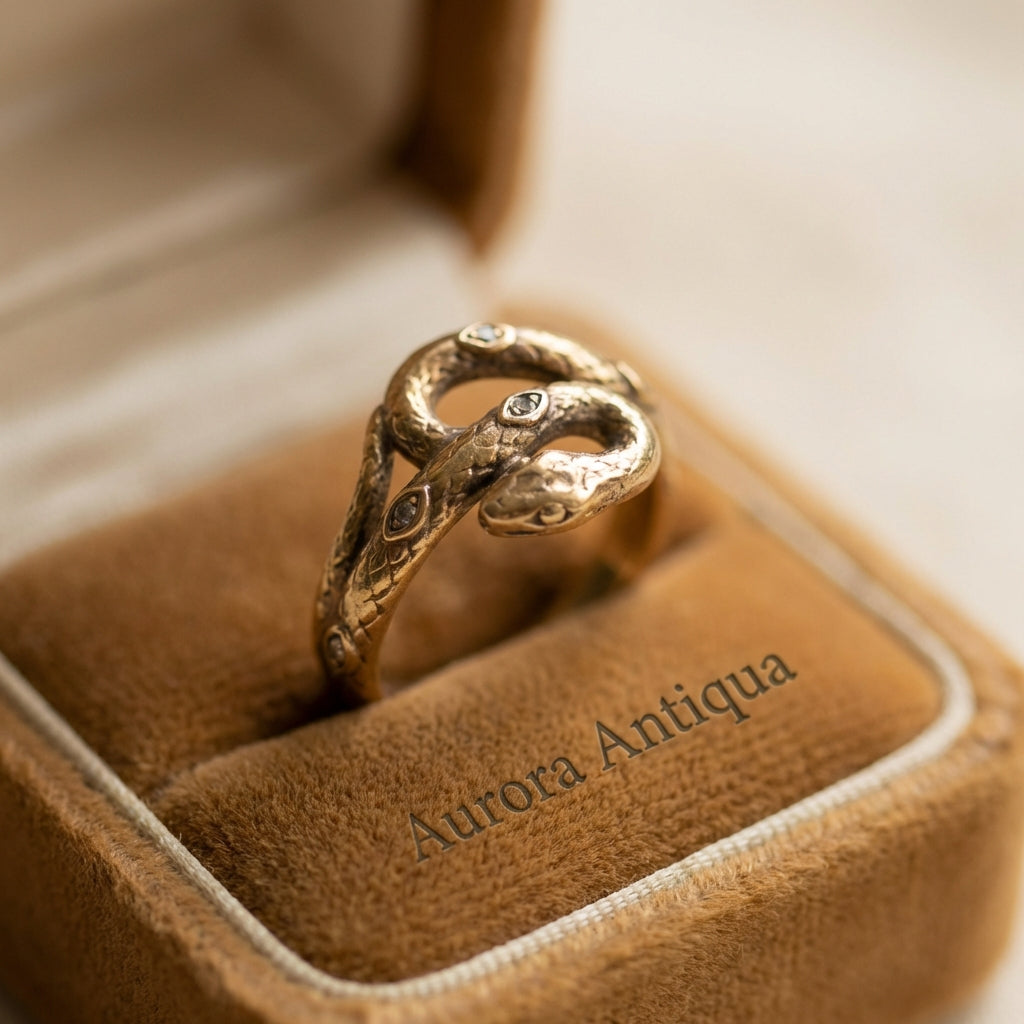 Close up warm product photograph of a gold ouroboros serpent ring coiled in a small beige velvet box with visible patina and bezel detail on a ede7da background minimalist Aurora Antiqua aesthetic